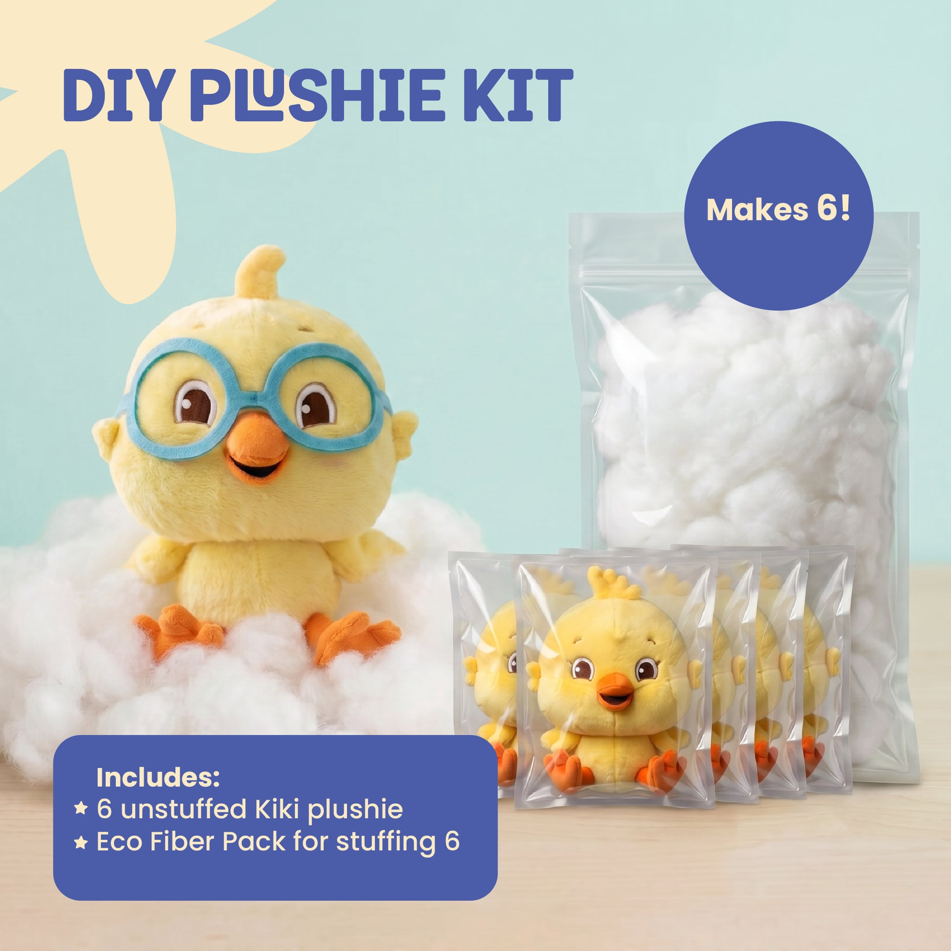 Nicky DIY Plushie Kit with six unstuffed Nicky plushies and six Eco Fiber Filling Packs