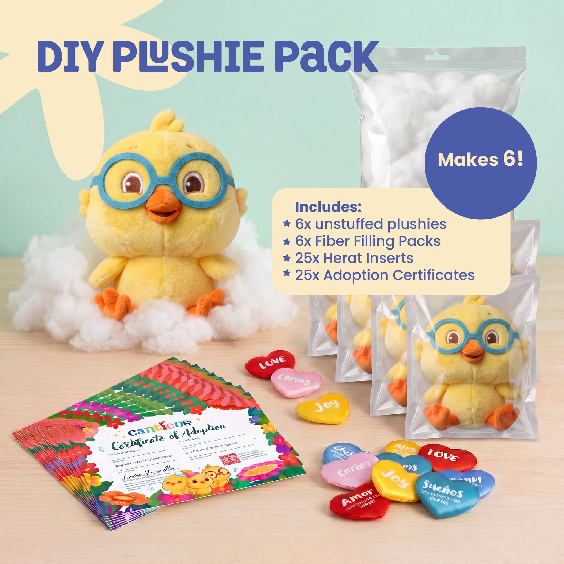 Nicky Complete DIY Plushie Kit with six unstuffed plushies, fiber filling packs, heart inserts, and adoption certificates