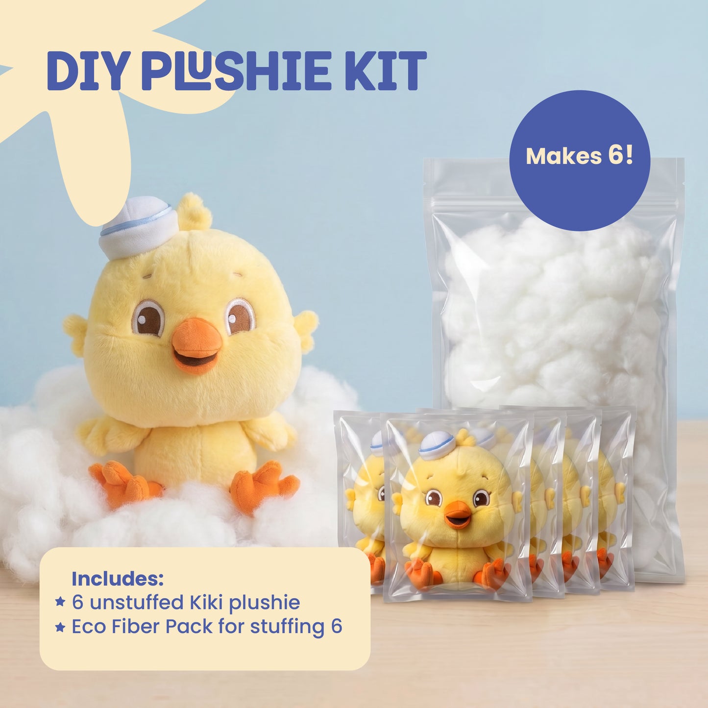 Ricky DIY Plushie Kit with six unstuffed Ricky plushies and six Eco Fiber Filling Packs