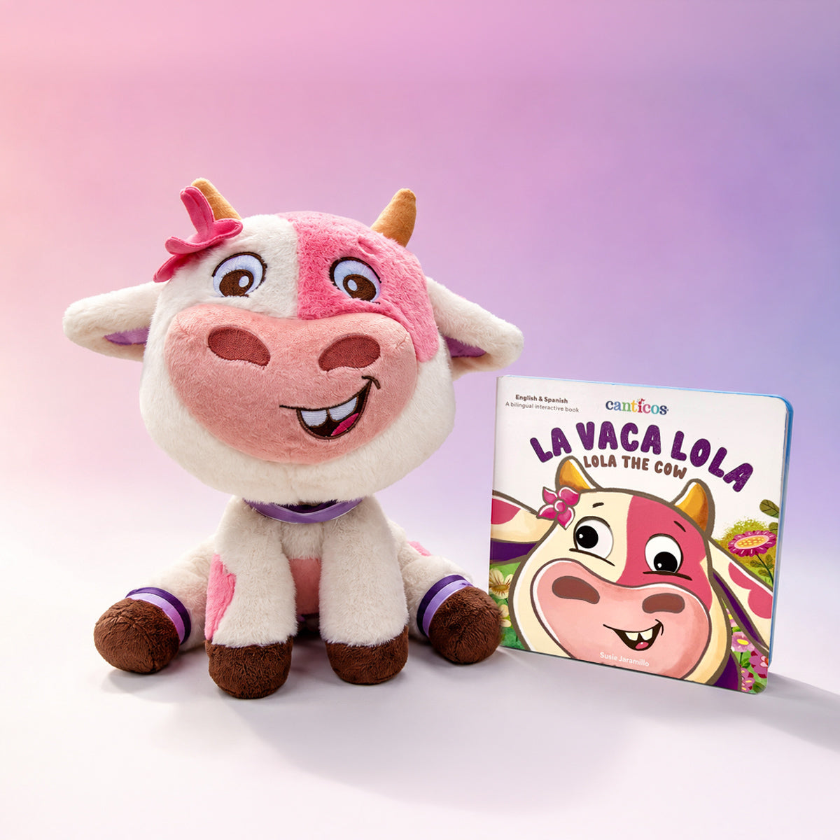 La Vaca Lola plushie with bilingual interactive book bundle by Canticos